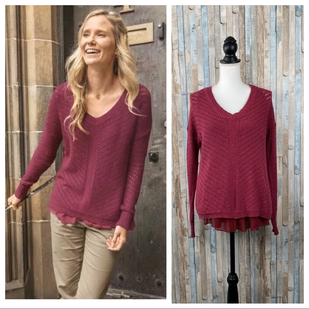 Prana S Plum Red Pointelle Ellery Sweater Pullover